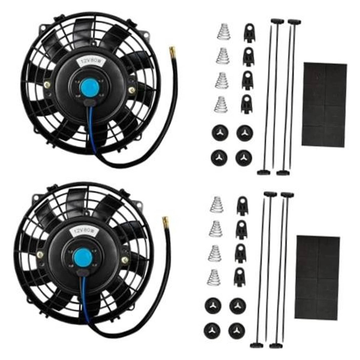7-inch black radiator cooling fan with blue center, curved cable, and mounting holes