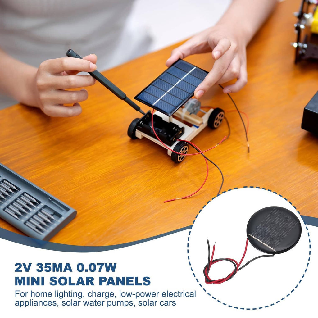 Mini solar panel with red and black leads on a small solar-powered device