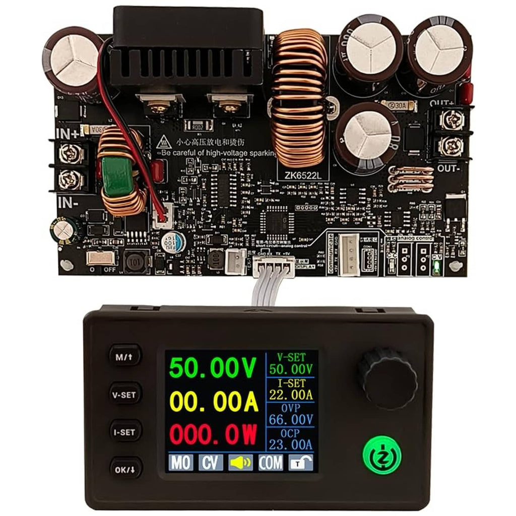 DC step-down power supply module with LCD display, control knobs, and output wiring pins