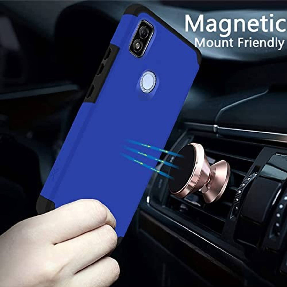 Blue rugged phone case held in hand near a car air vent, with camera cutout.