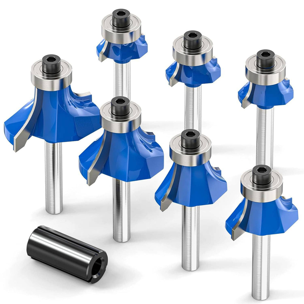 Multiple roundover edging router bits with blue cutters and silver 1/4-inch shanks