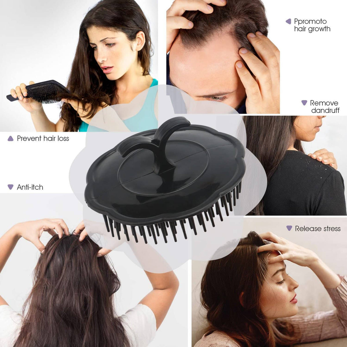 Black scalp massage brush with long bristles on an oval pad and raised stand