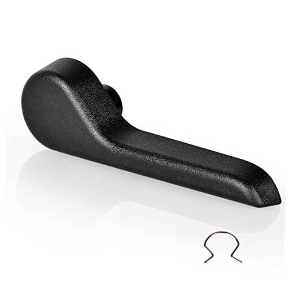 Black seat recliner handle lever with rounded end and textured grip.