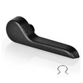 Black seat recliner handle lever with rounded end and textured grip.
