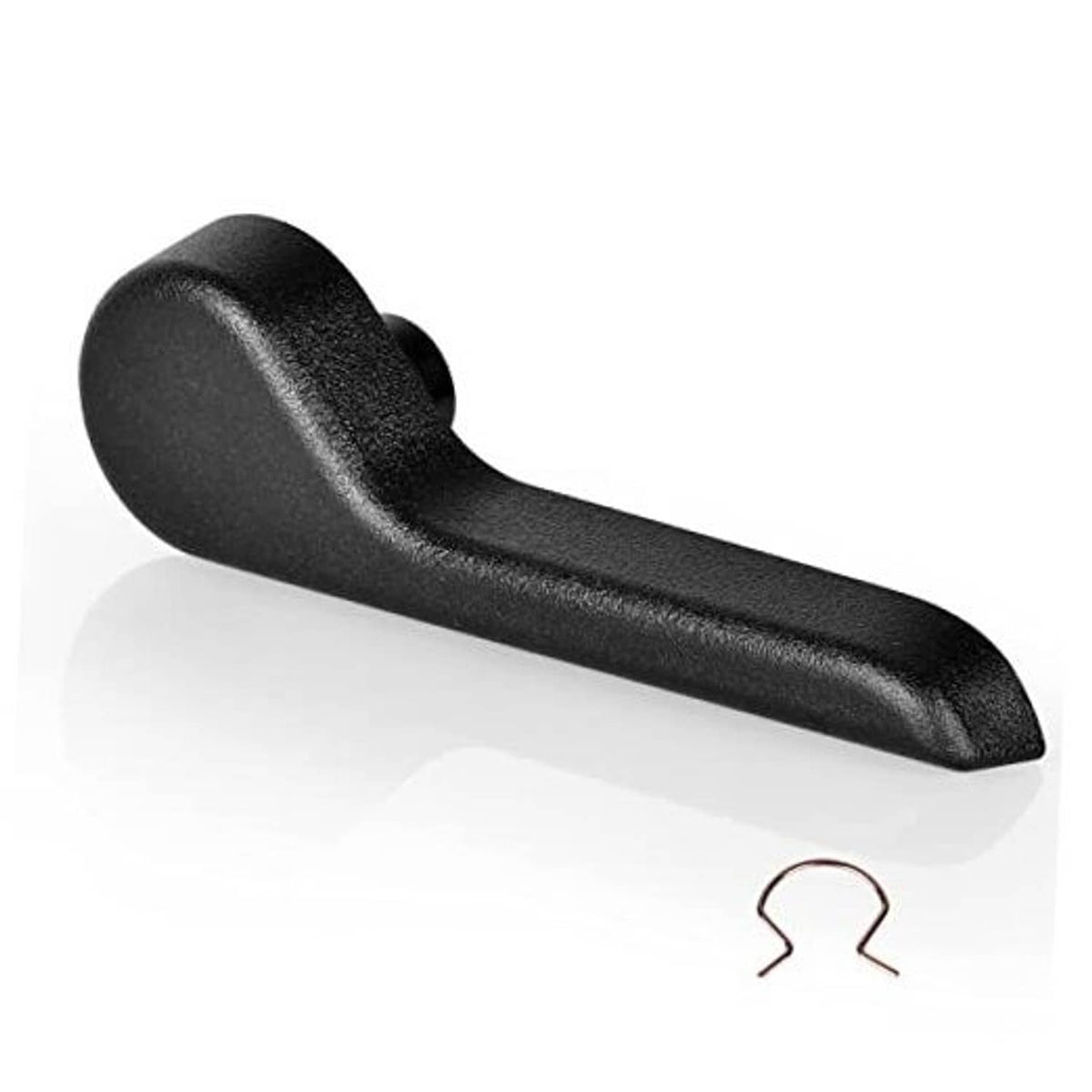 Black seat recliner handle lever with rounded end and textured grip.
