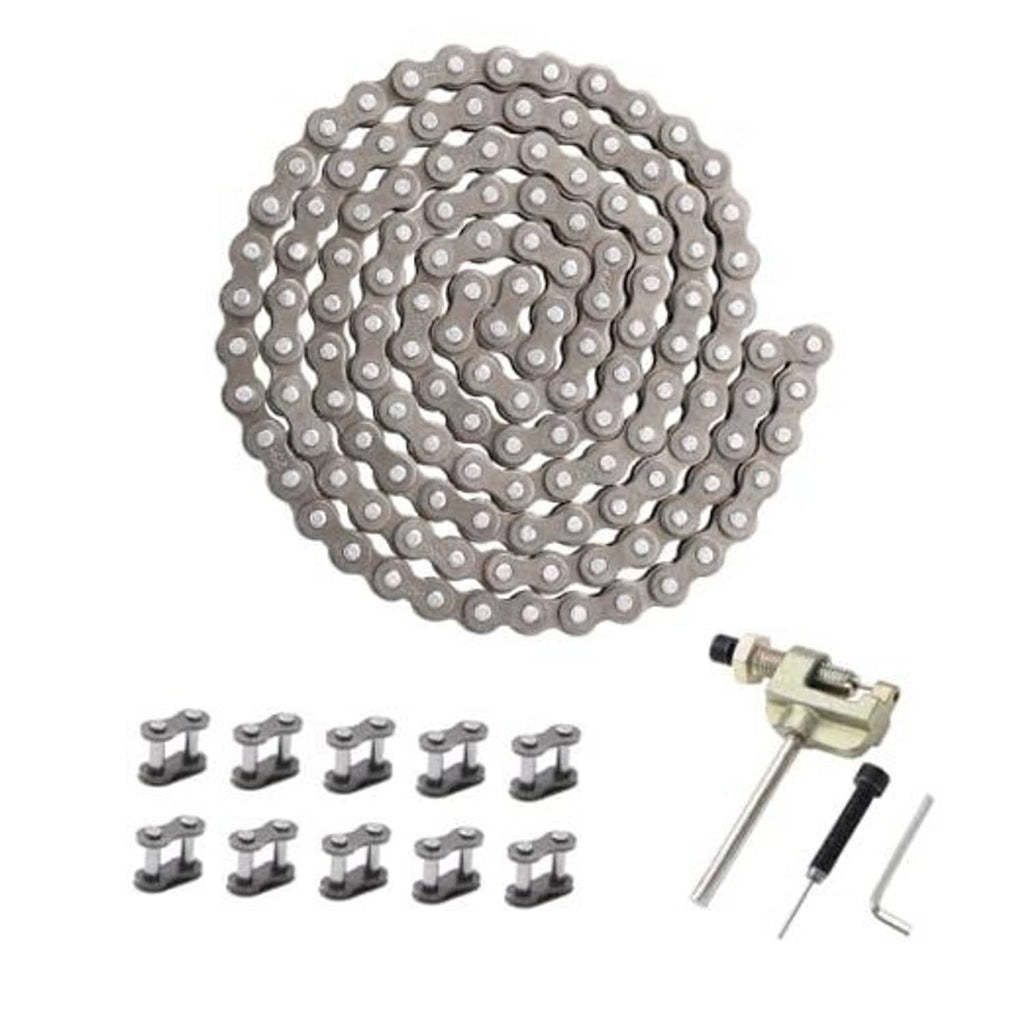 Drive roller chain with chain breaker tool set, silver steel links and pins