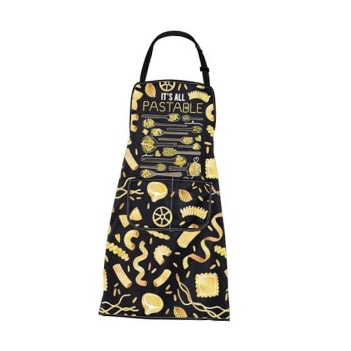 Black pasta graphic apron with 'IT'S ALL PASTABLE' text and front pocket