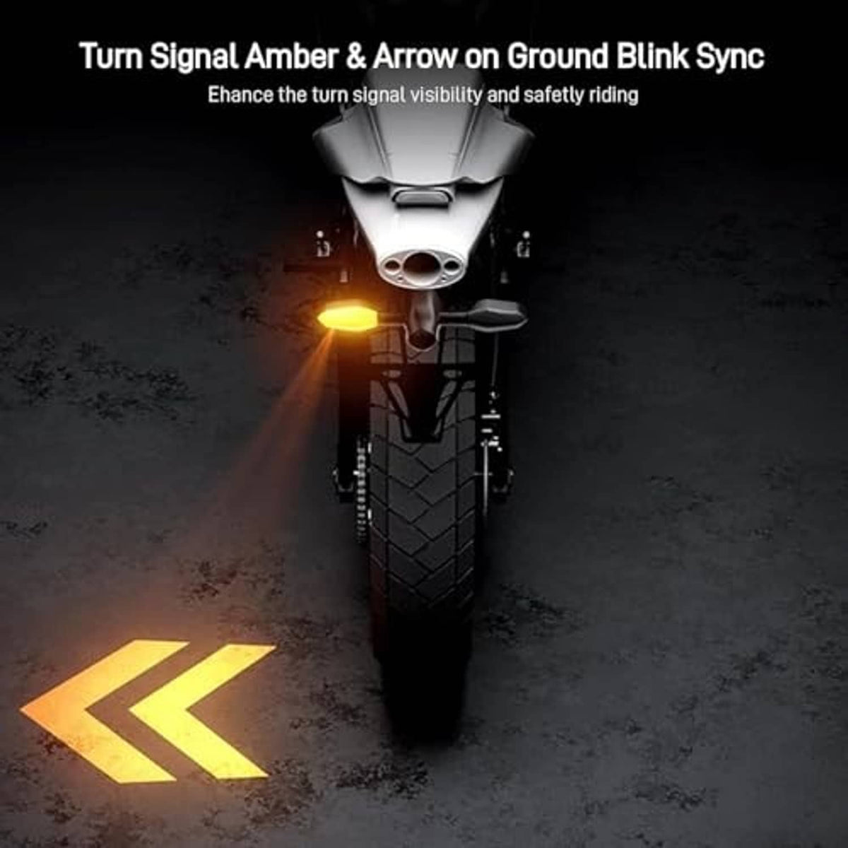 Motorcycle turn signal projector displaying an amber arrow on the ground