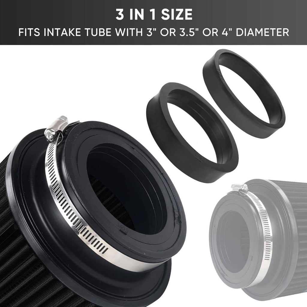 Black cone air intake filters set with mounting rings and open ends, 3 sizes
