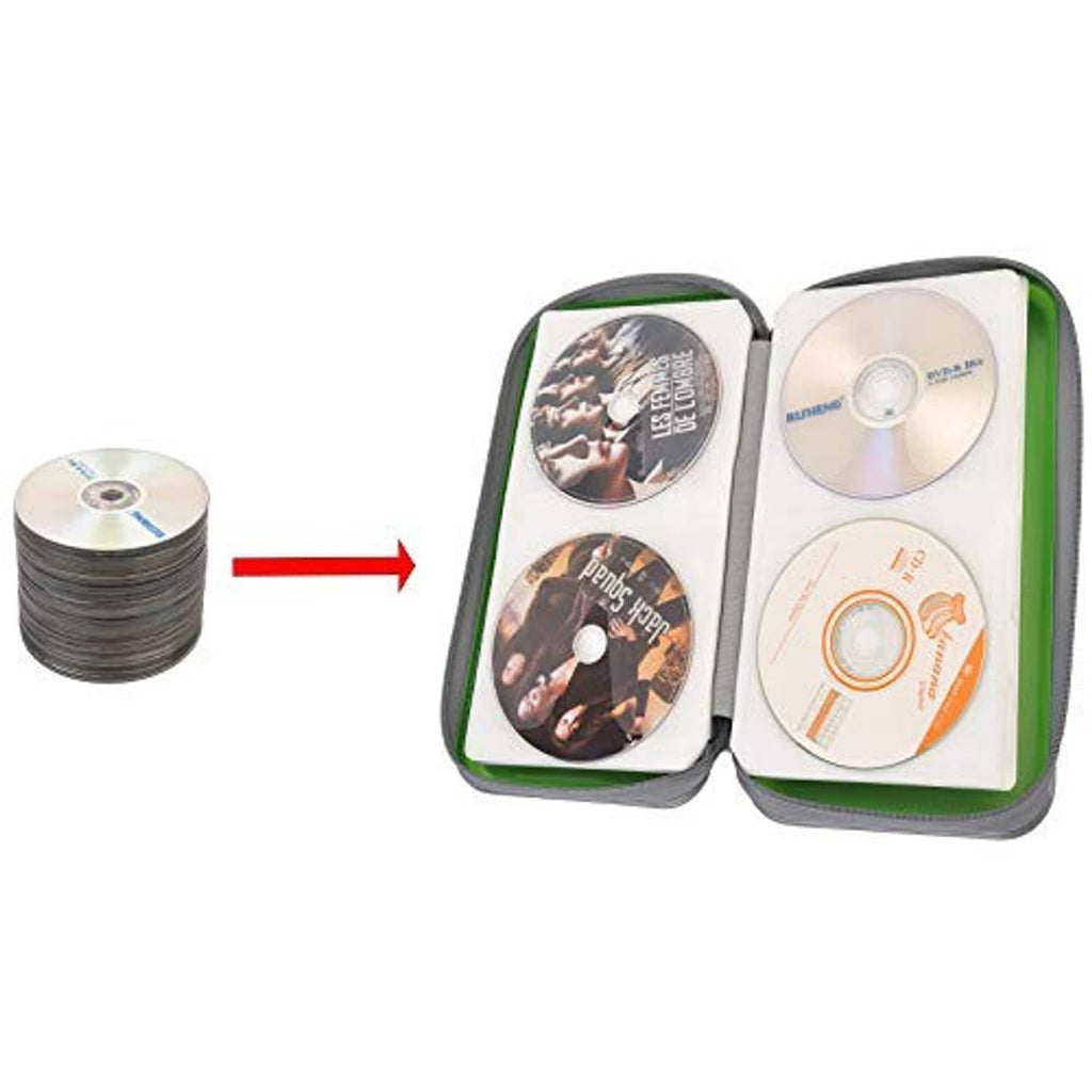 Open green hard plastic CD case with gray zipper, showing two CDs in slots