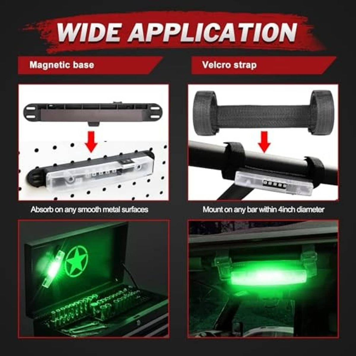 LED light bar application diagram showing magnetic base and velcro strap mounting