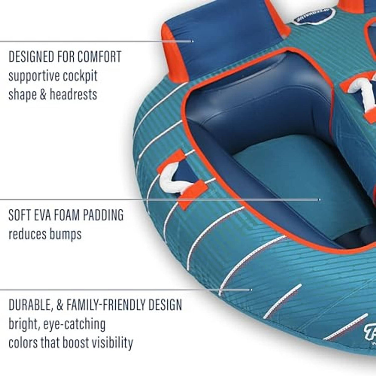 Teal and dark blue towable tube with dual padded seat wells and orange trim