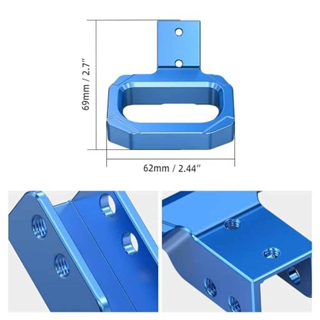 Blue aluminum seat release handle with mounting holes and side plate close-up
