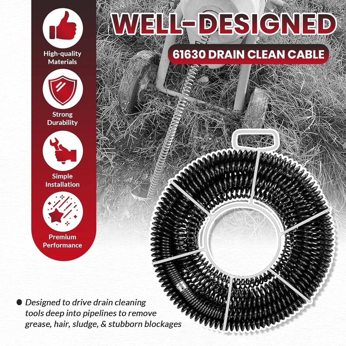 Drain cleaning cable kit with coiled black cable and loop carrier frame