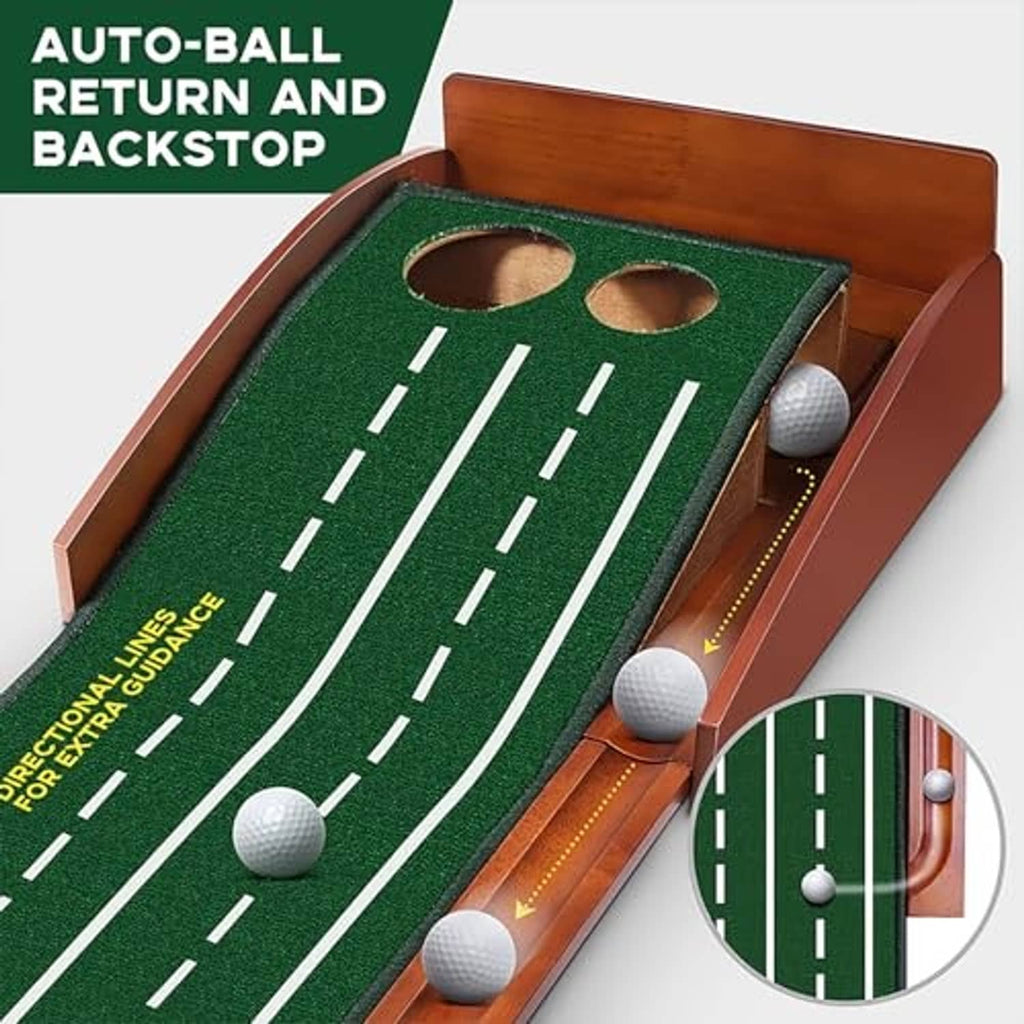 Green putting mat inside wooden ball return track with two round hole openings and guide lanes