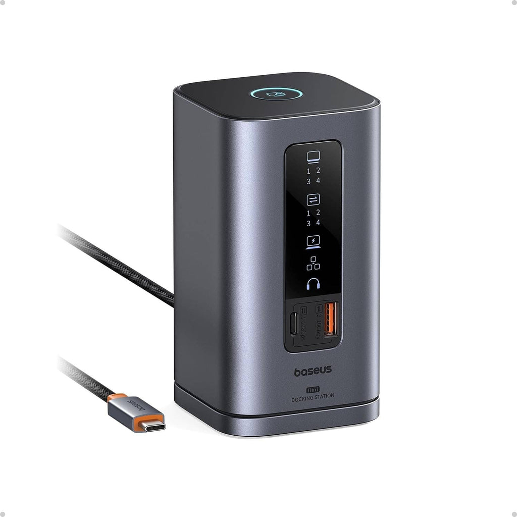 Space grey docking station with front ports and attached USB-C cable