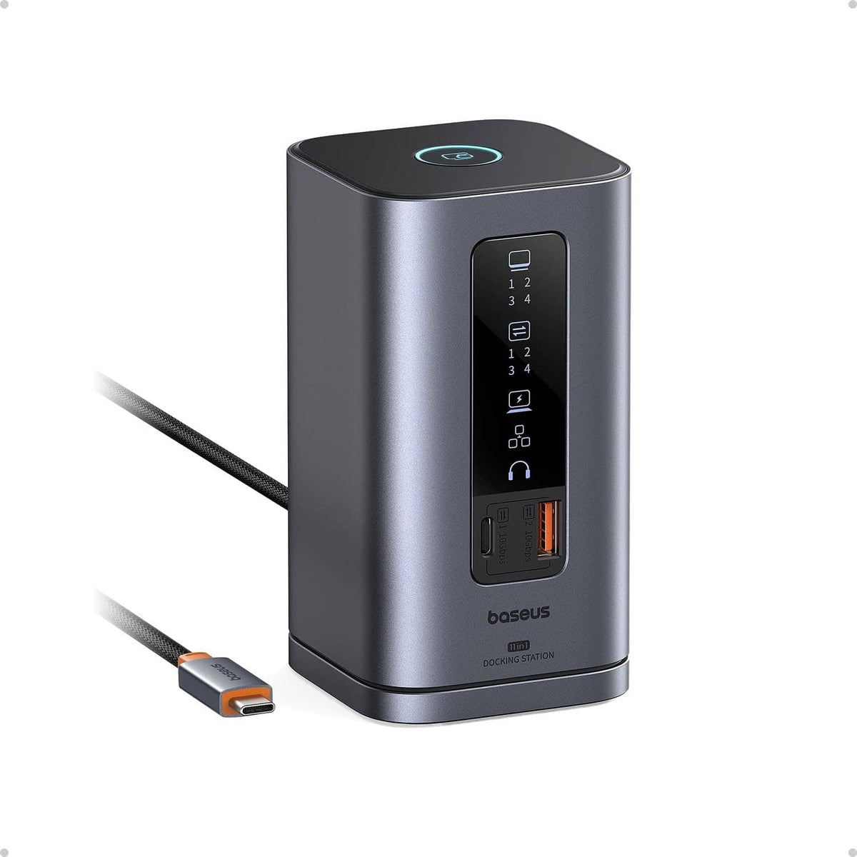 Space grey docking station with front ports and attached USB-C cable