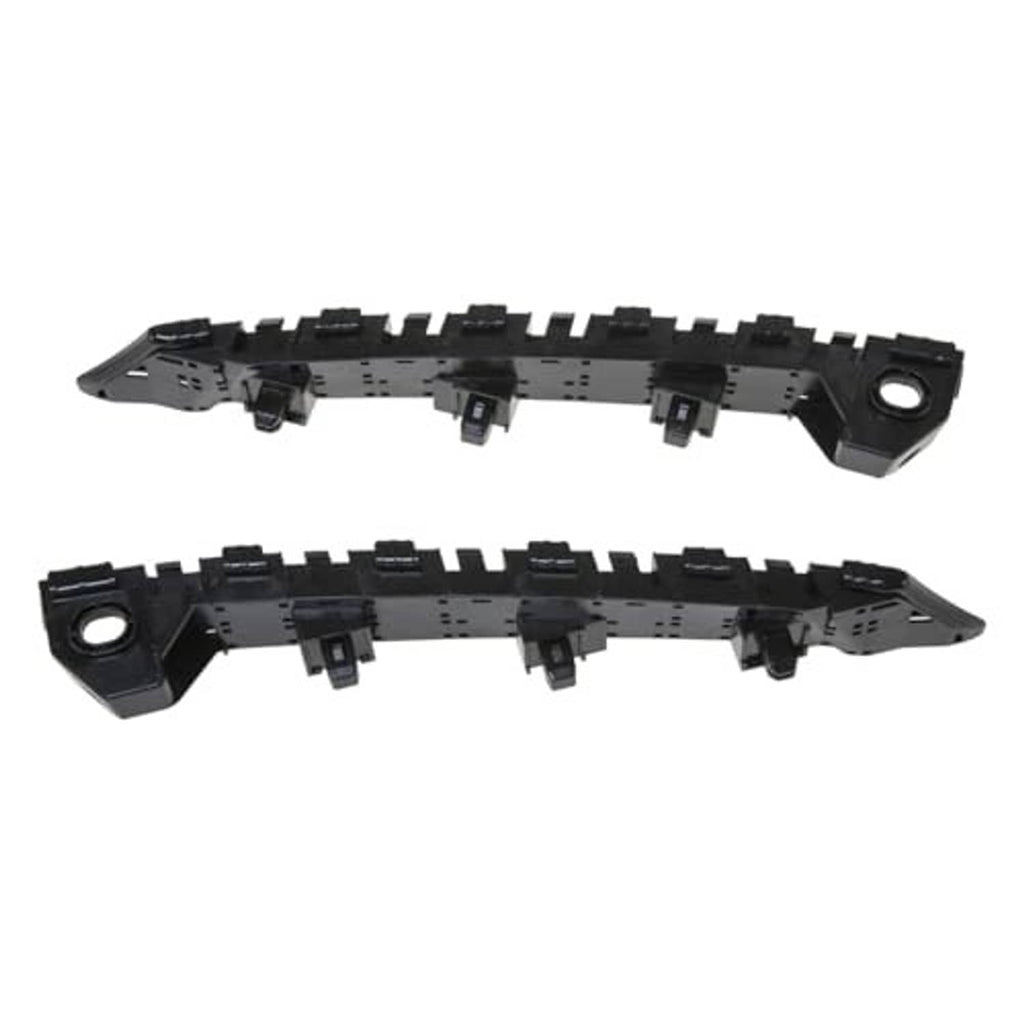 Two black front bumper brackets with molded tabs and round mounting holes