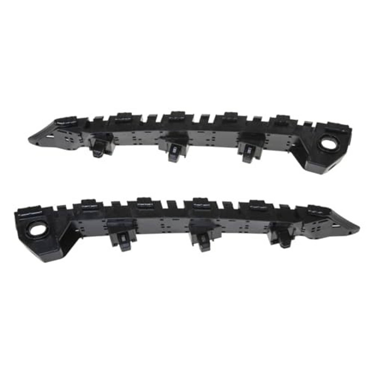 Two black front bumper brackets with molded tabs and round mounting holes