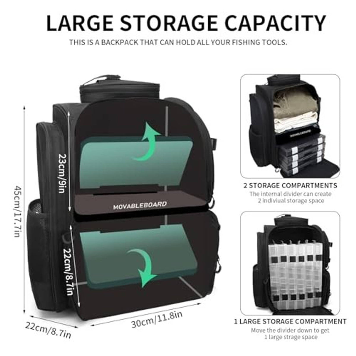 Black fishing backpack with two large compartments and extra storage for tackle
