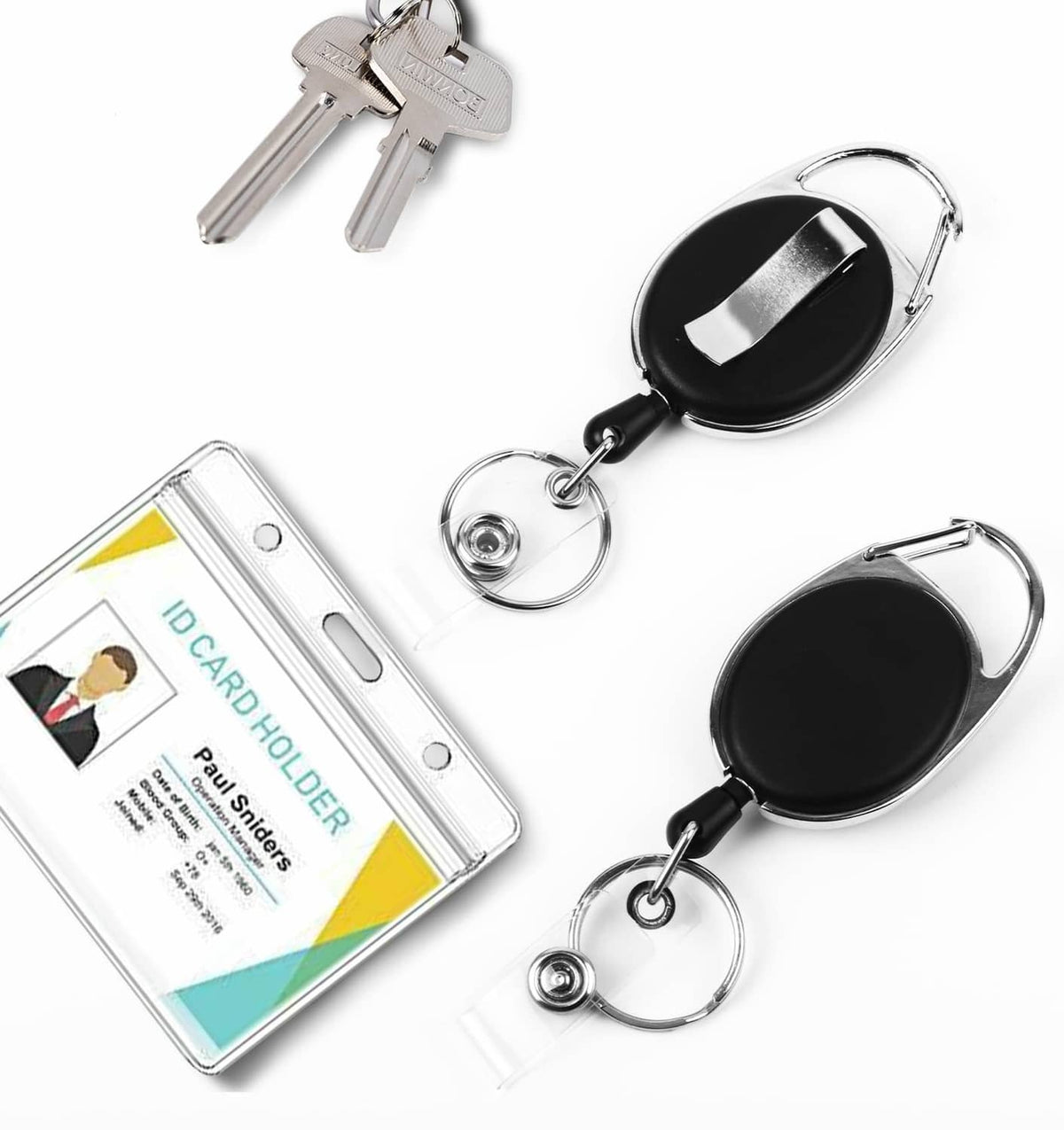 Black retractable badge holder with silver metal carabiner, keys, and ID card