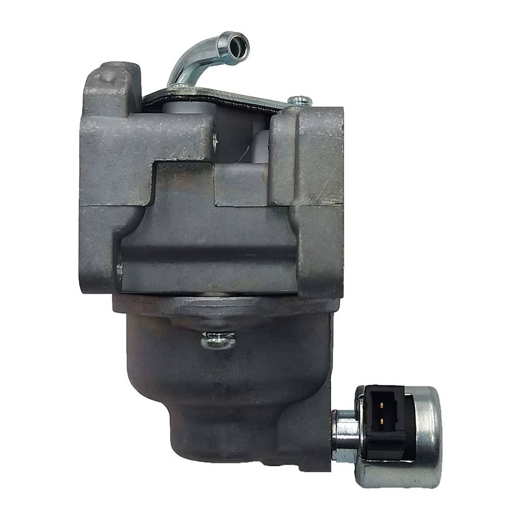 Carburetor with black plastic housing, mounting bracket, hose outlet and small side port