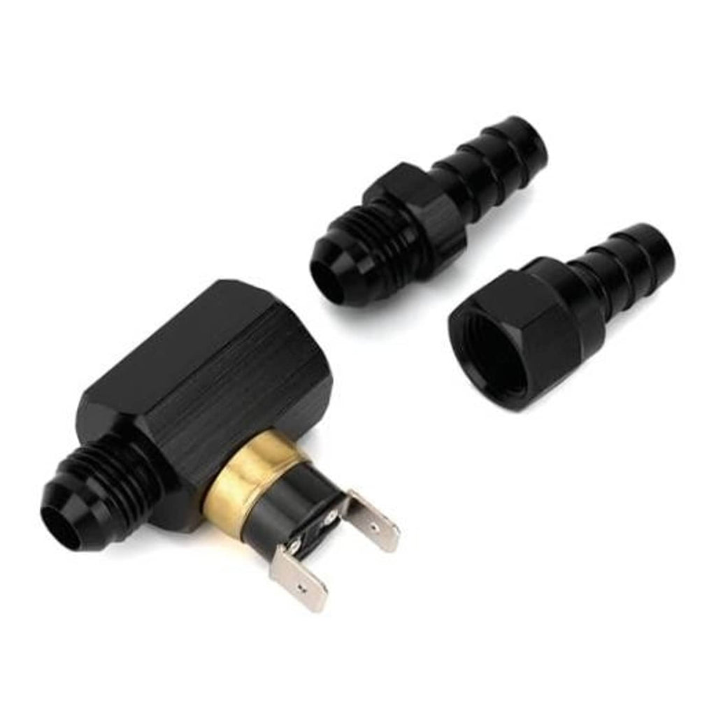 In-line engine fan thermostat switch with black body, brass terminals, and barbed ports