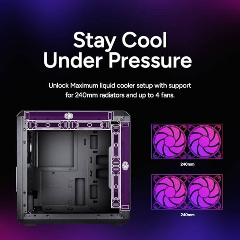 Black PC case with open interior layout for liquid-cooling radiator and intake fans.