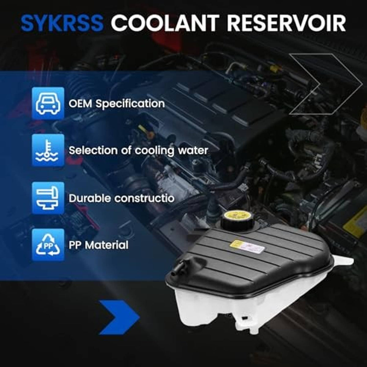 SYKRSs coolant reservoir with PP material callouts, shown with yellow-labeled cap