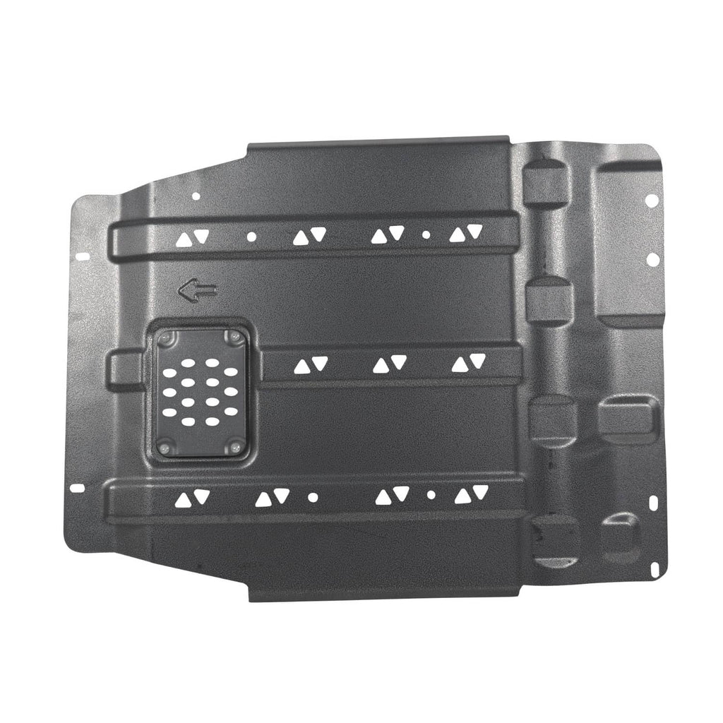Black gearbox shield with rectangular perforated access panel and inner ribs