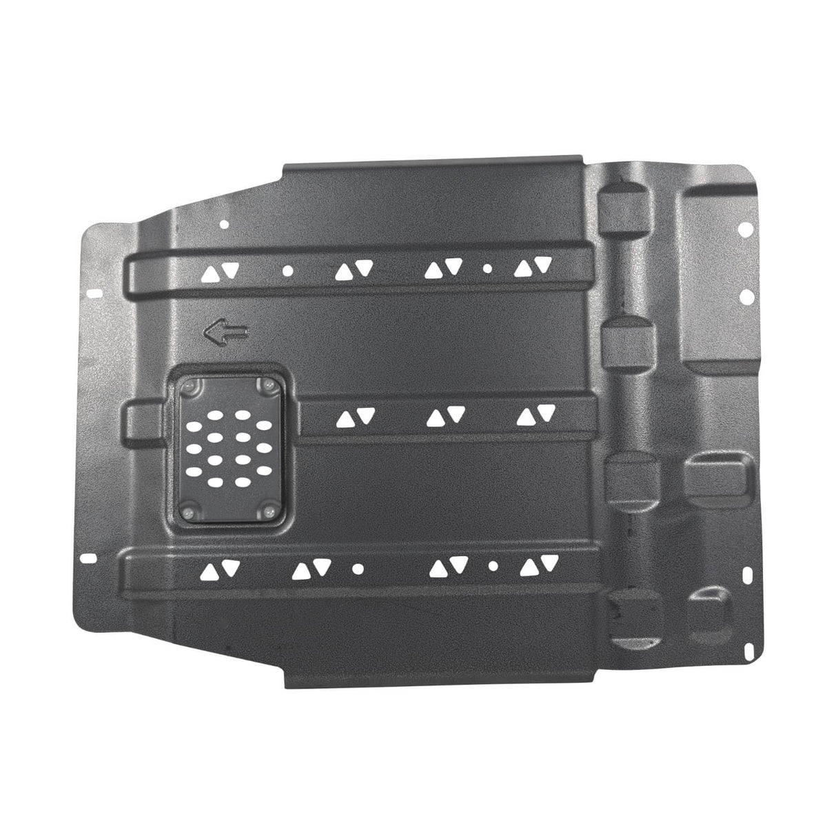 Black gearbox shield with rectangular perforated access panel and inner ribs