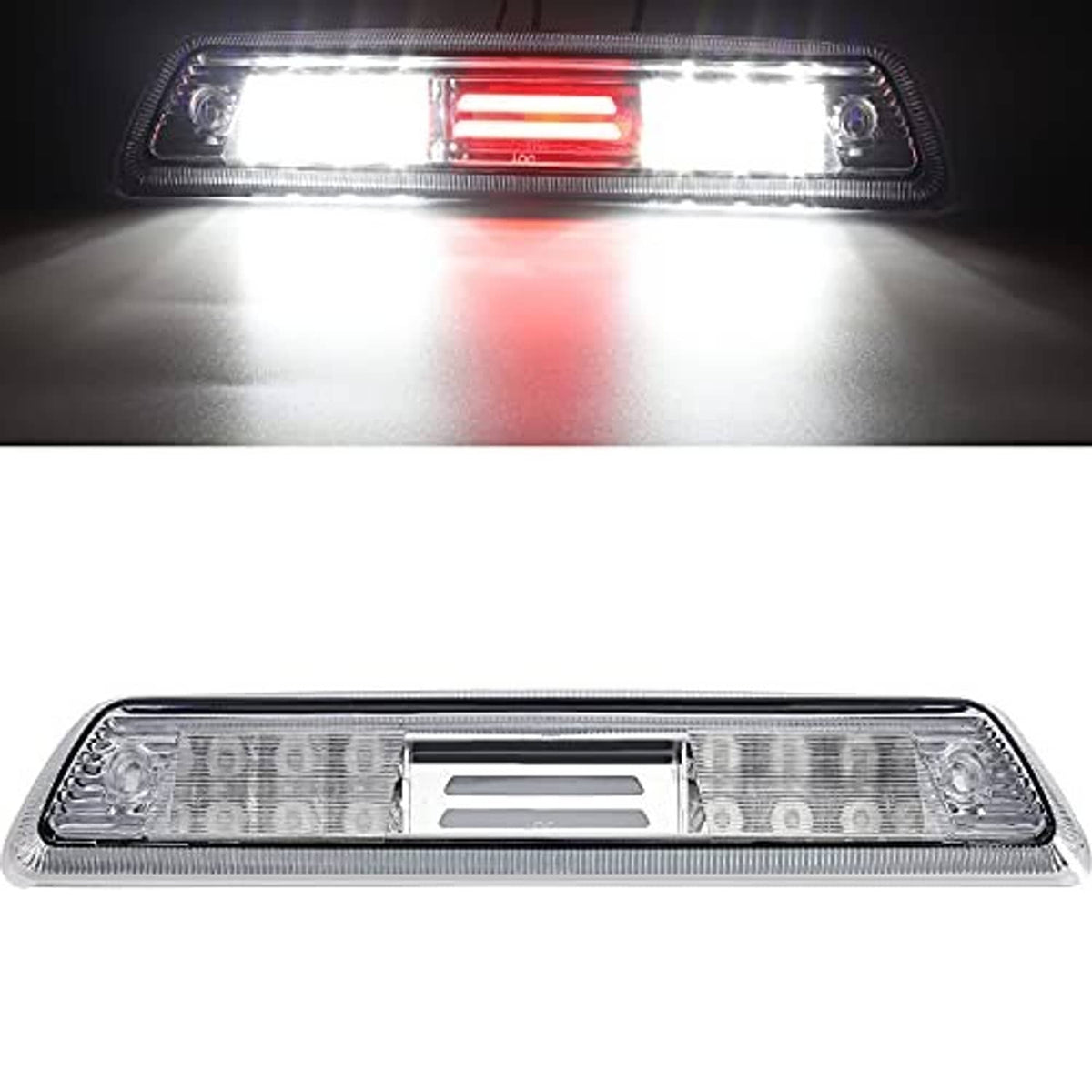 LED 3rd brake light illuminated, clear lens with red center and bright white outer areas