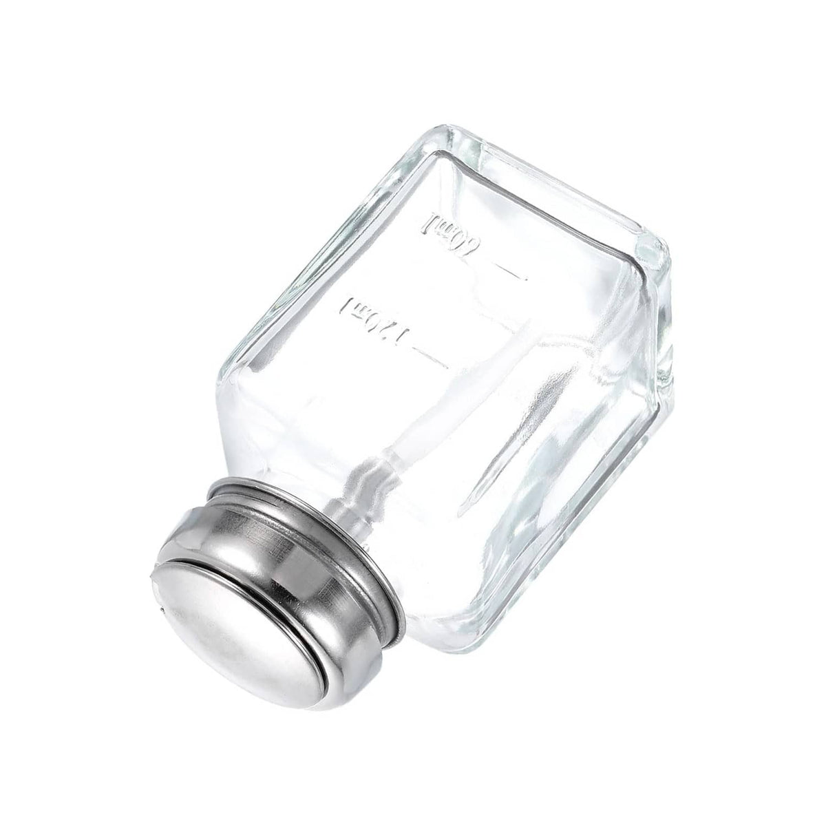 Clear square glass dispenser bottle with metal push-down cap and nozzle