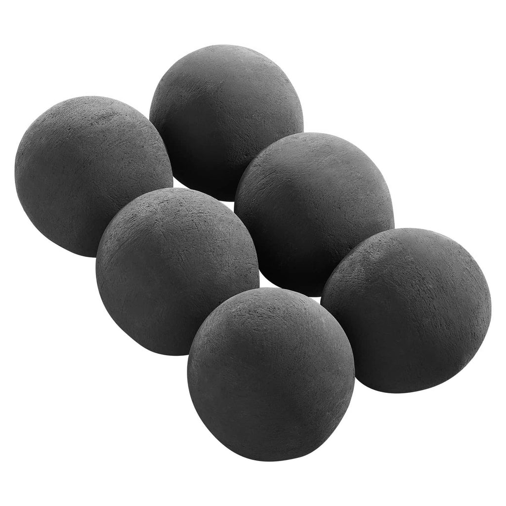 Set of five black round ceramic fire balls, matte textured surface
