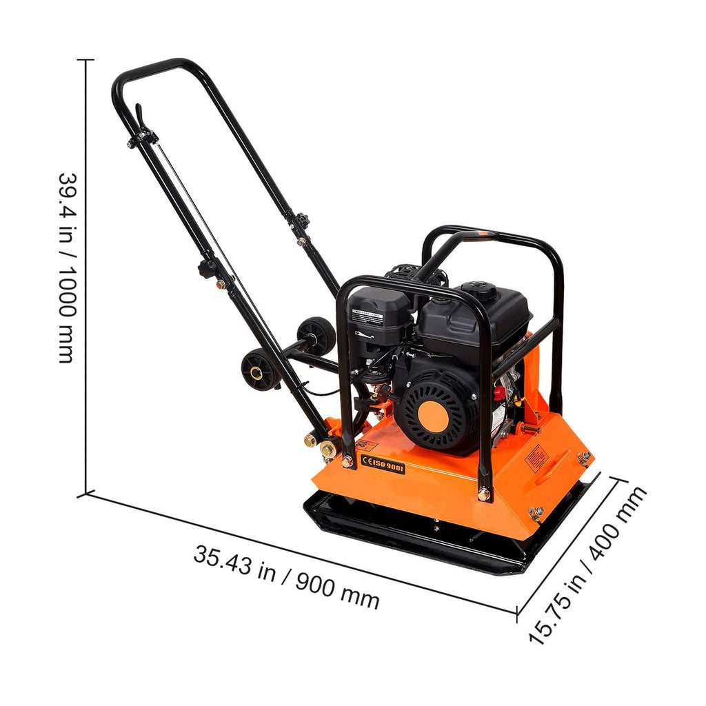 Orange and black plate compactor with labeled height, length, and width measurements