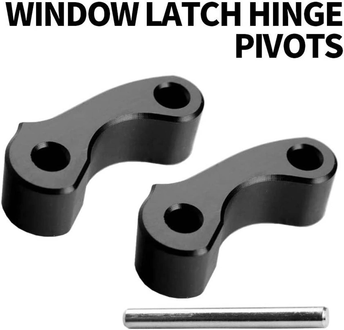 Window latch hinge pivot set: two black hinge brackets with silver pin