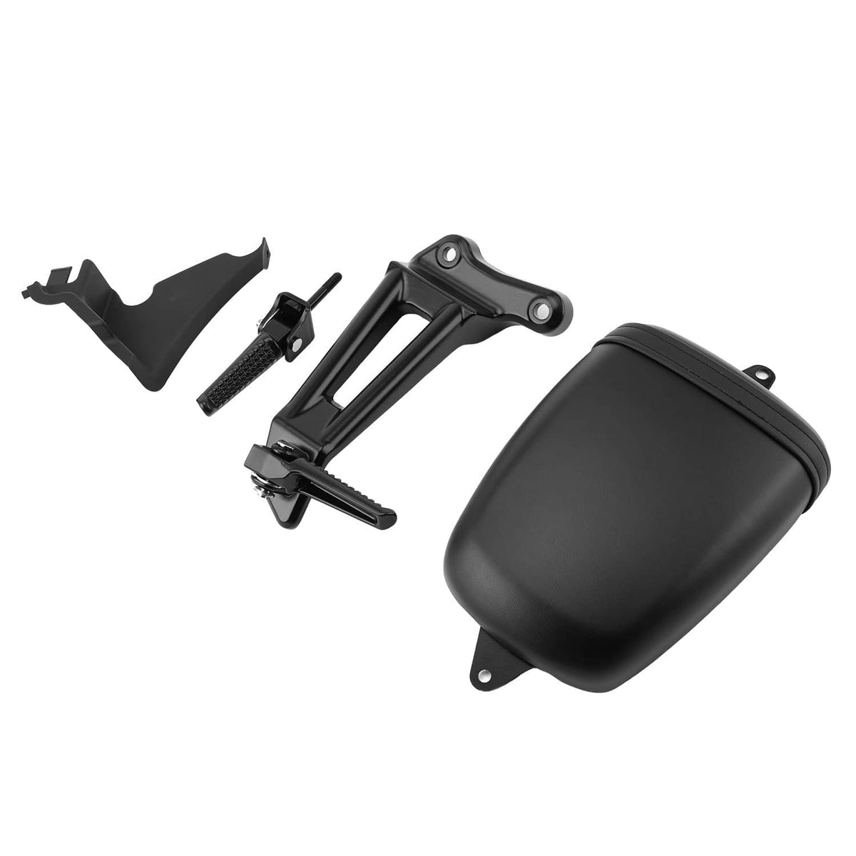 Black passenger seat with footpeg brackets and metal mounting hardware set