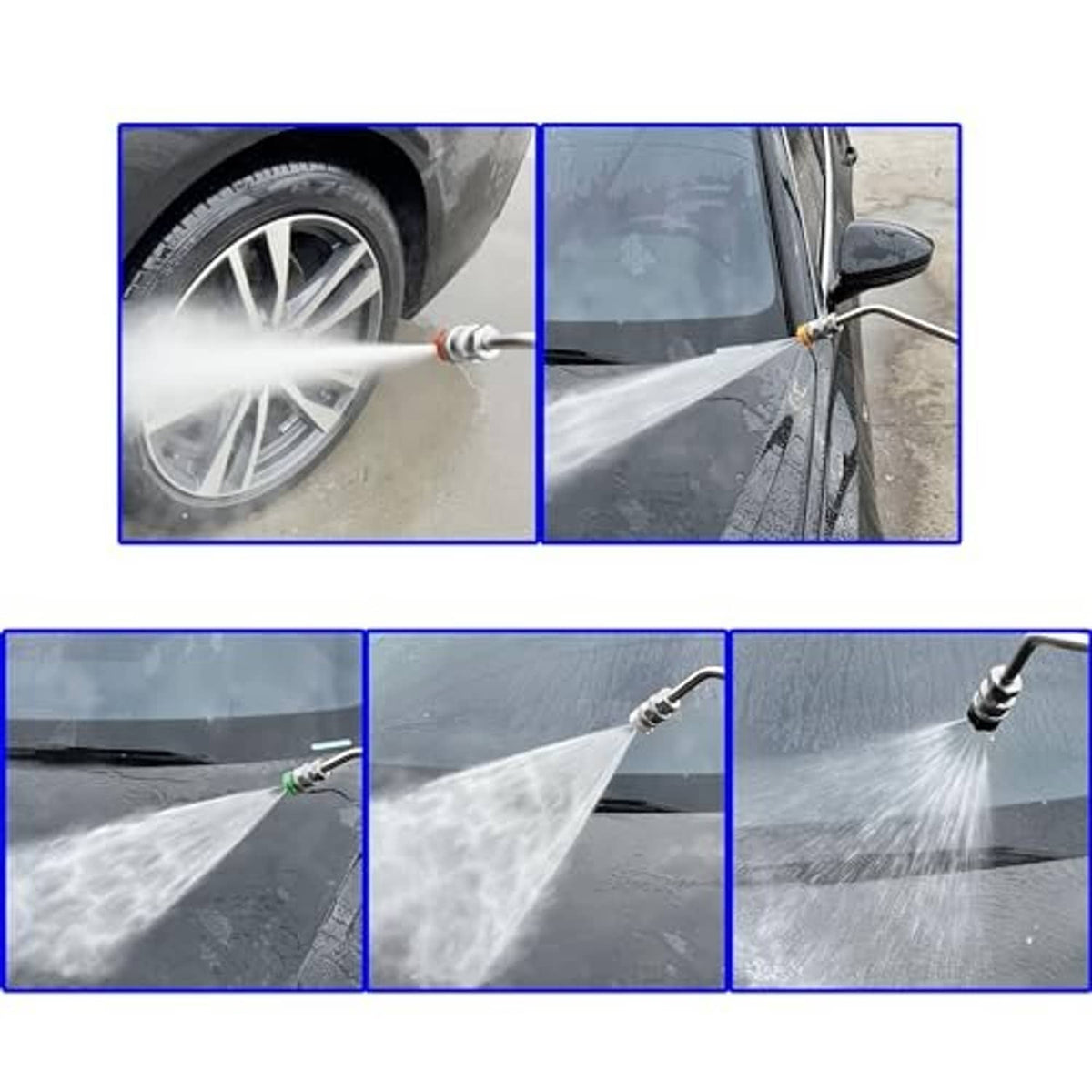 High-pressure wand spraying water at vehicle panels and wheels