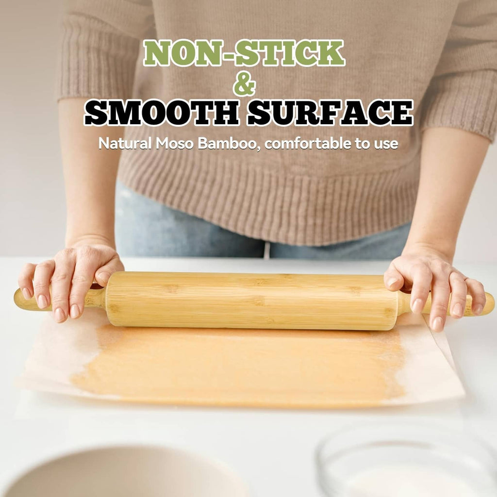 Bamboo rolling pin held by hands over rolled dough sheet