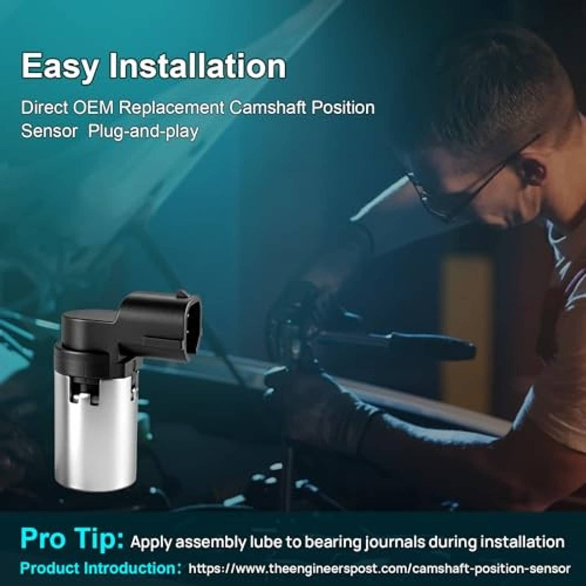 Camshaft position sensor plug-and-play installation graphic with technician working
