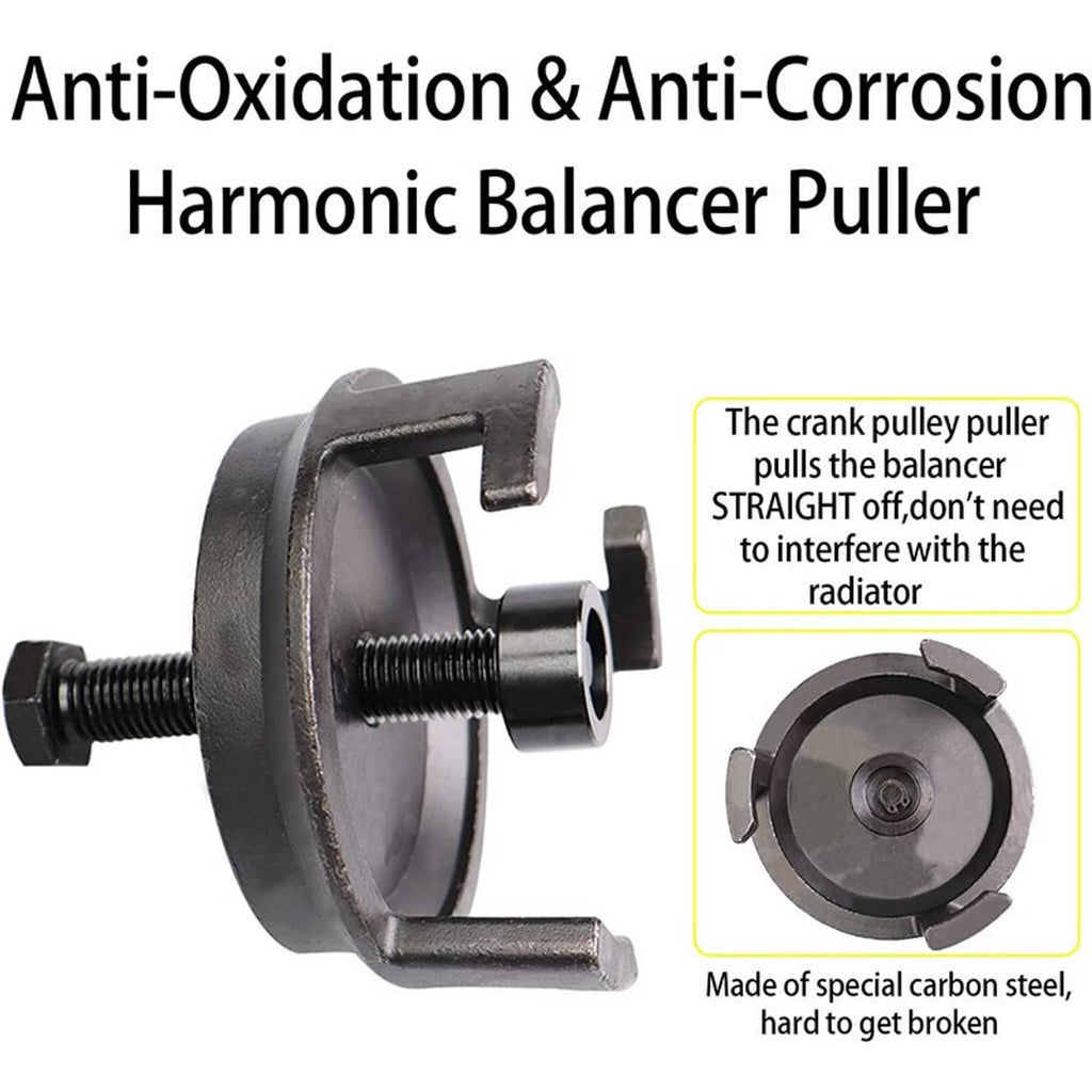 Harmonic balancer puller with black clamp, long threaded screw, and support hooks