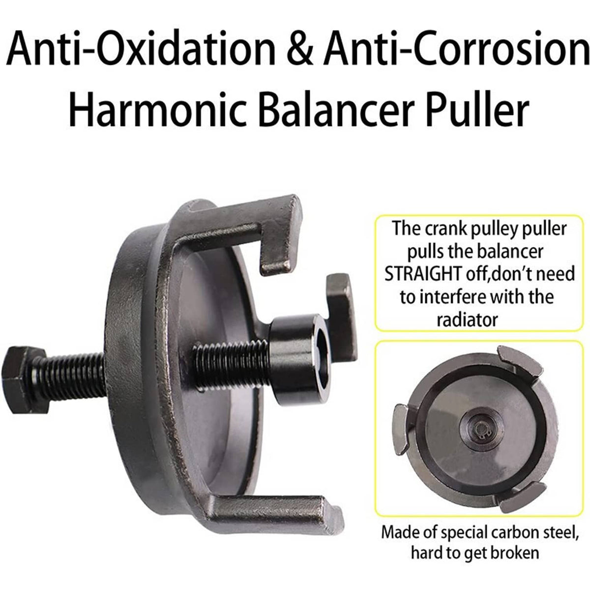 Harmonic balancer puller with black clamp, long threaded screw, and support hooks