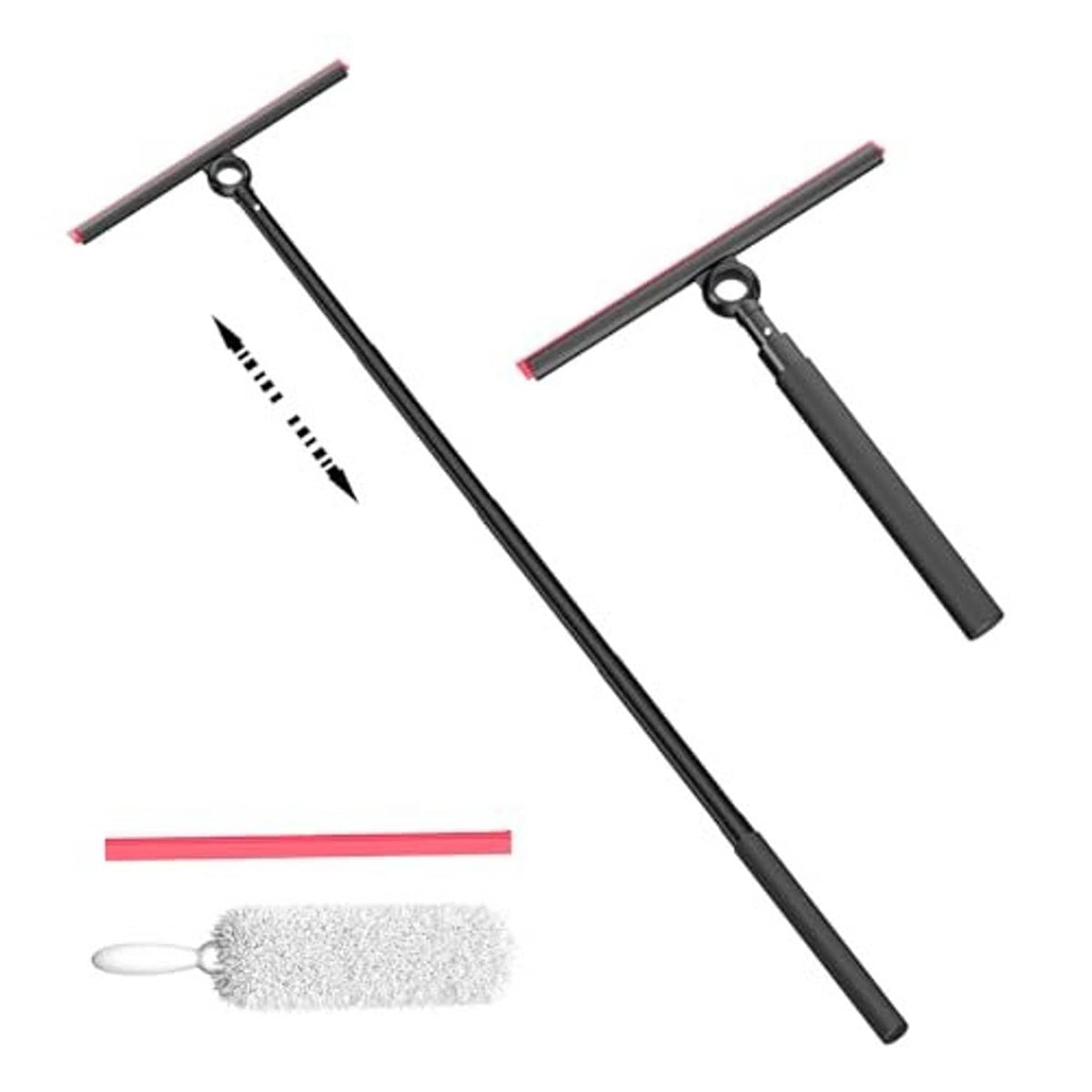 Window squeegee set with long black handle, red-edge rubber blade, and brush refill