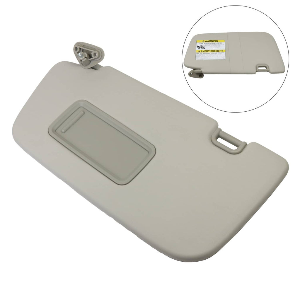 Light gray driver-side sun visor with mounting clip and strap latch