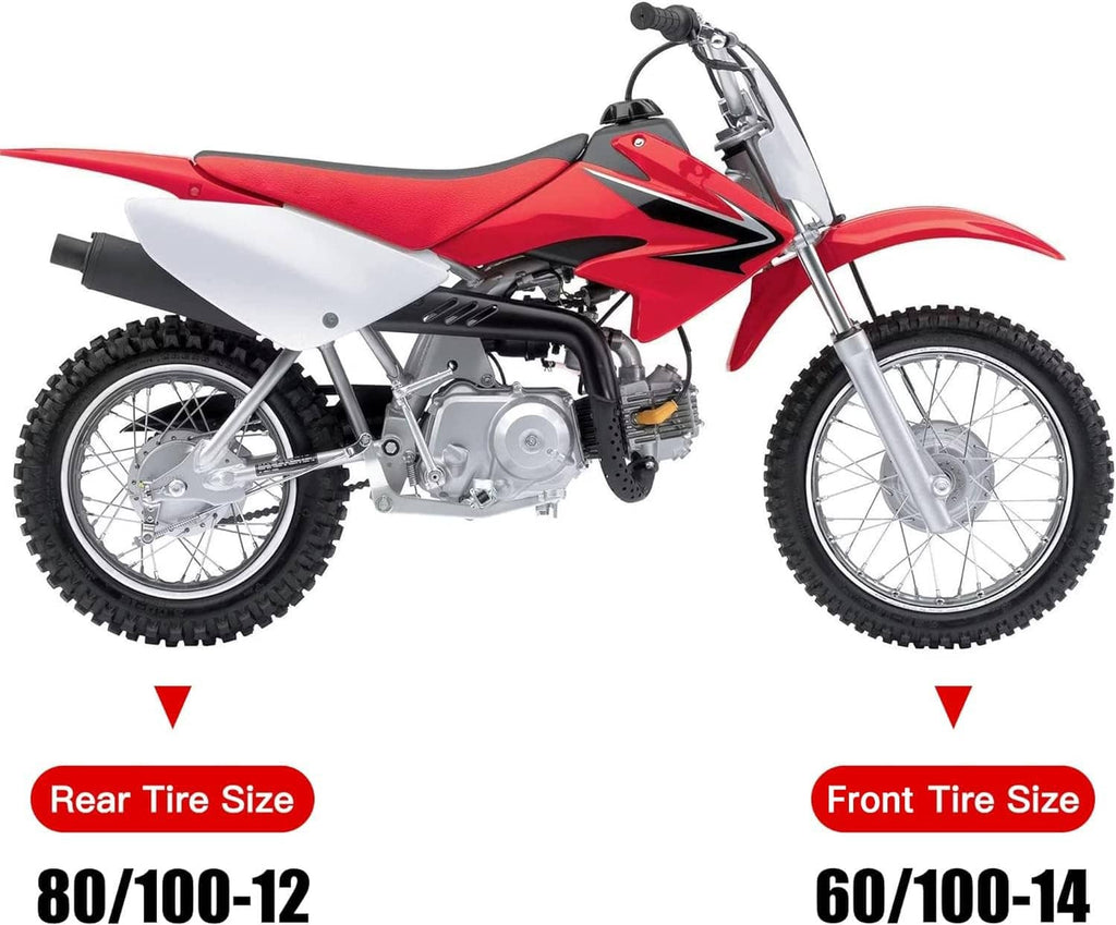 Red and white dirt bike with front and rear tire size callouts