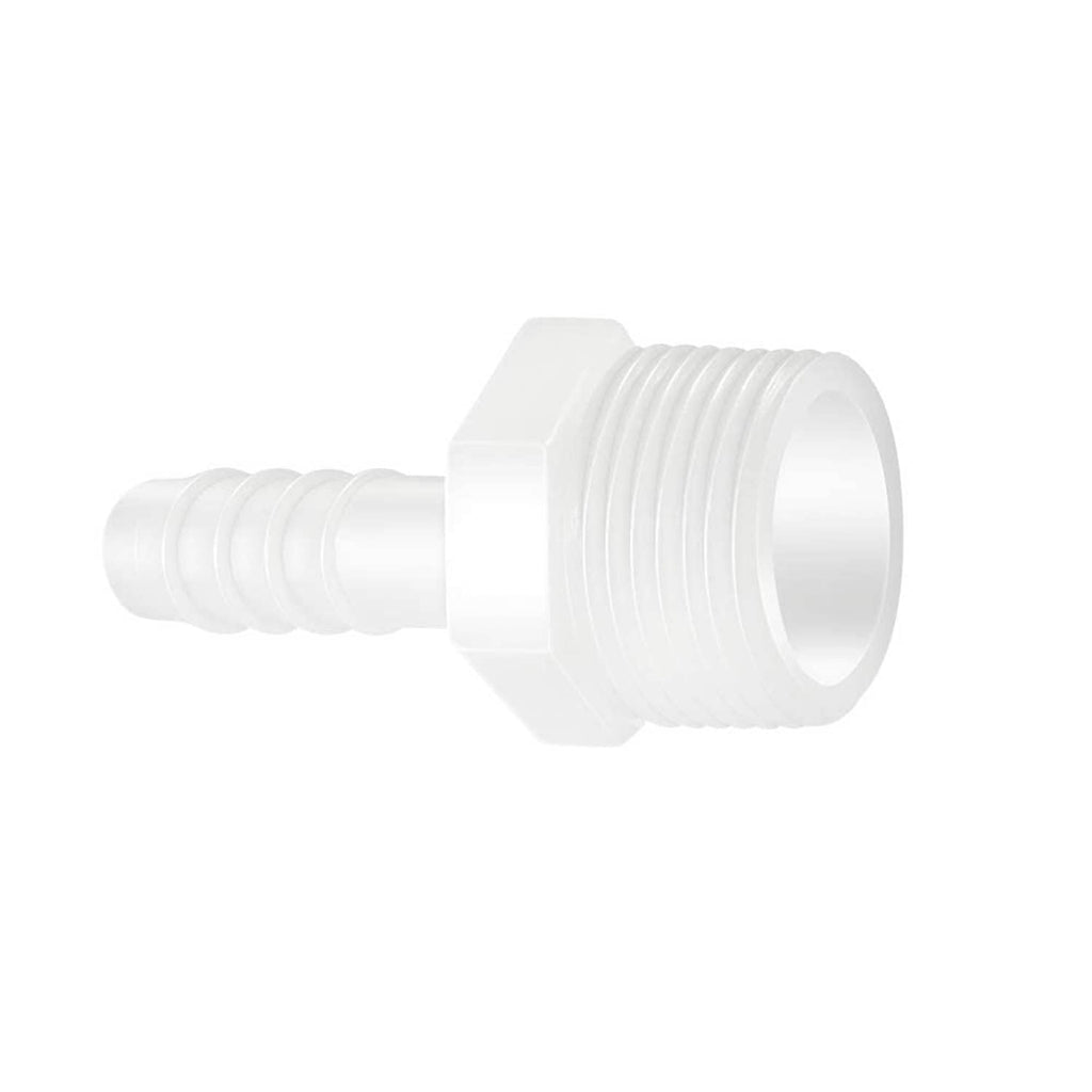 White plastic hose barb to male thread adapter, side view