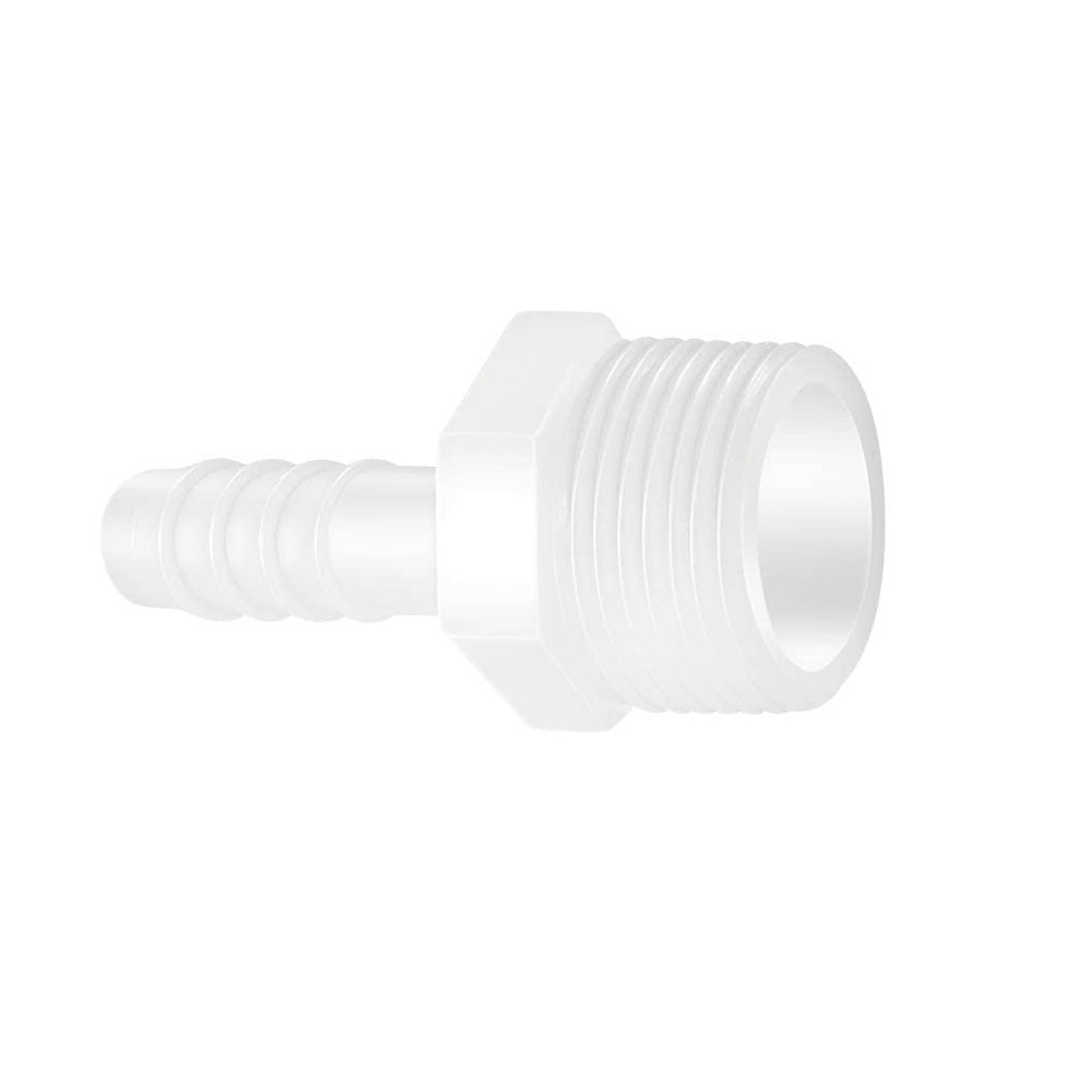 White plastic hose barb to male thread adapter, side view