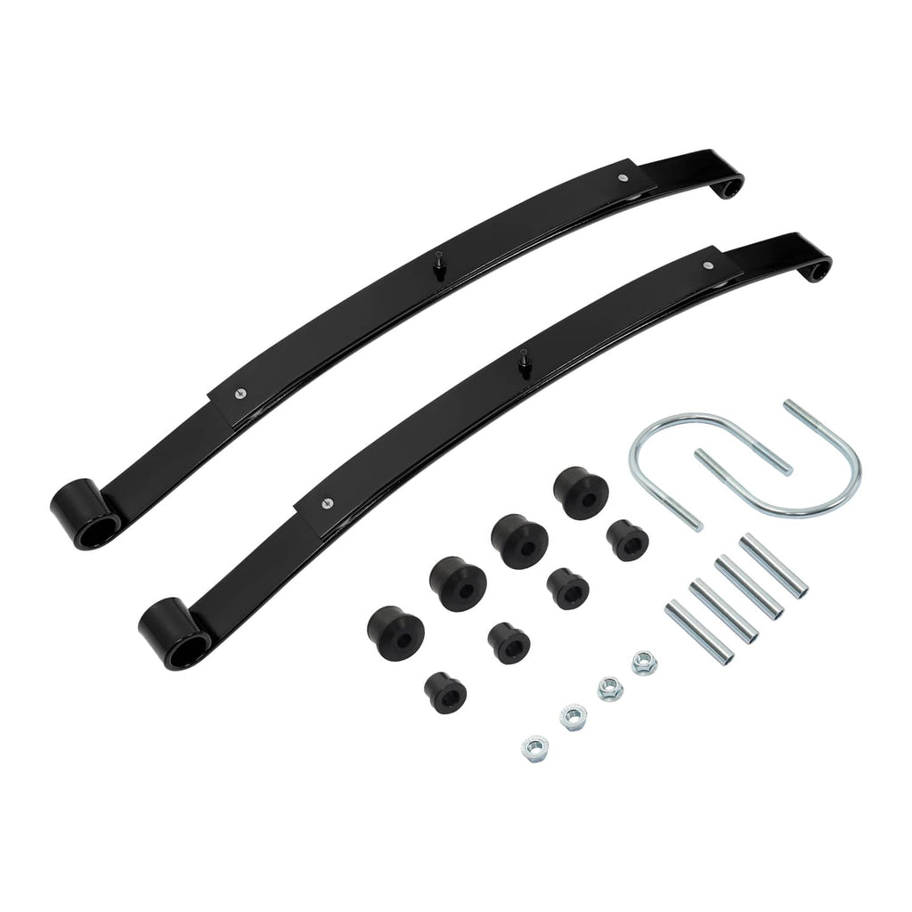 Rear leaf spring set with bushings and U-bolt hardware kit, black steel springs