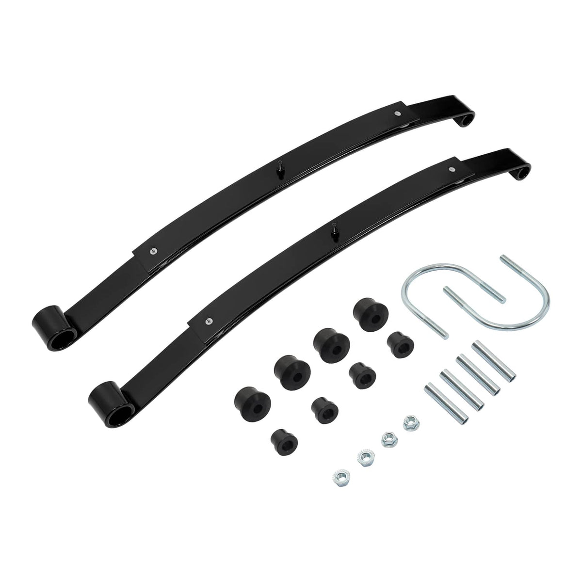 Rear leaf spring set with bushings and U-bolt hardware kit, black steel springs