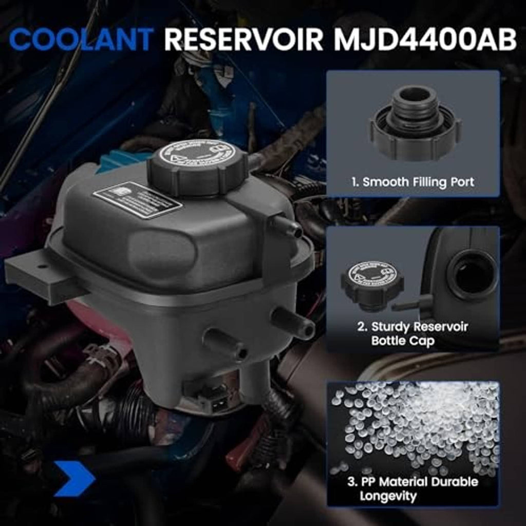 Engine coolant reservoir tank installed in engine bay, dark plastic with cap